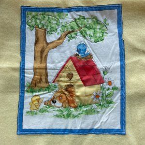 Vintage Hand Crafted Yellow Baby Blanket Animal Appliques Satin Edge Floor Time